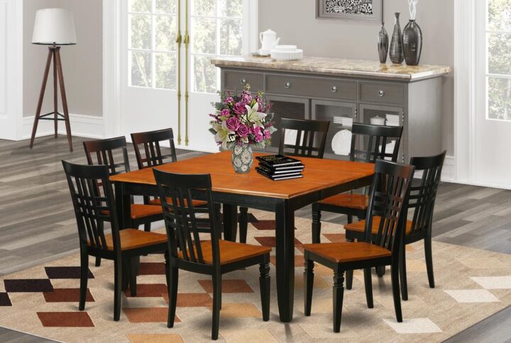 This particular dinette sets for small spaces has 9 pieces including a table and 8 dining chairs with wooden seats. This dining set includes a beautiful Black & Cherry finished Asian hardwood