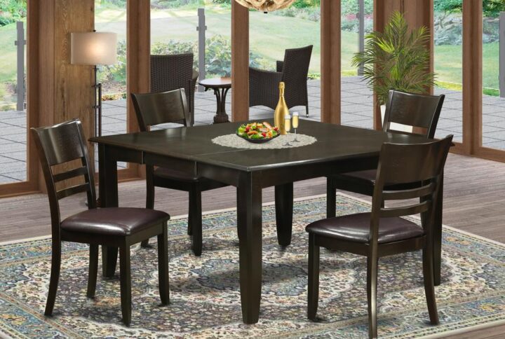This amazing dining room set provides a time-honored appearance having small kitchen table and dining room chairs which you'll find right at your home in both a functioning cooking area or specialised dining room. The Dark Cappuccino tone is going to supplement any kind of furnishings and give a subsidiary element to your dining room or an effective immersion of design cohesion. The dining room table and dining chairs have a smooth and effortless color with beveled edges and matching Cappuccino color. The slick dining chairs come with a satisfying and comfortable experience that's needed for long periods of seated conversations at this dining table. The dining table is mounted on four strong corner legs to have a good amount of leg room as well as seating space.
