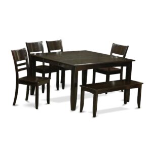 This amazing dining room table set provides a conservative style having kitchen dinette table and kitchen dining chairs which are right in the house in either a functioning kitchen area or sophisticated dining room. The Dark Cappuccino color will certainly enhance just about any furnishing and supply a contrasting component towards the space or maybe an efficient engagement of design and style cohesion. The small kitchen table and kitchen dining chairs have a relatively easy and effortless finish with beveled edges and corresponding Cappuccino color. The clever kitchen chairs come with a gratifying and secure experience which is necessary for the extended periods of seated conversations at this valuable dinette table. The dining room table is placed on four stable corner posts just for sufficient leg room and individual seating space.