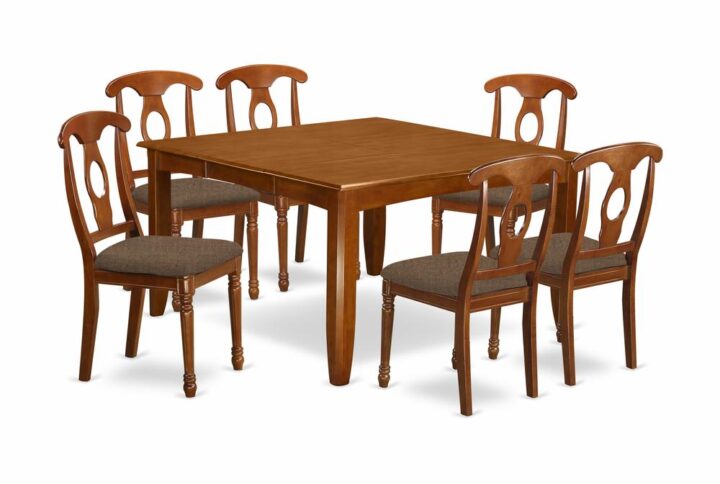 This dining room table set offers a more traditional style having dining table and dining room chairs that are right in the house in either a functioning cooking area or formal dining-room. The Dark Saddle Brown tone is likely to match almost any interior decoration and provide a supporting component to your area or even an efficient immersion of design cohesion. The table and dinette chairs have a clean and modern color with beveled aspects and corresponding Saddle Brown color. The slick dining chairs have a satisfying and comfy feel which is essential for long periods of seated discussions at this excellent dining table. The dining room table is simply connected to 4 sturdy corner legs to obtain sufficient leg room as well as seating space.