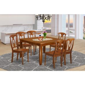 This dining room table set provides a traditional style that includes dining table and dinette chairs which are right in your house in either an operational kitchen area or sophisticated dining area. The Dark Saddle Brown color is going to enhance almost any home decor and still provide a supporting element to your kitchen space or even an useful immersion of design cohesion. The dining room tableand dining chairs have a relatively easy and modern finish with beveled aspects and Complementing Saddle Brown color. The slick dining room chairs have an attractive and secure feel which is vital for extended periods of seated interactions at this dining table. The dining table is simply placed on 4 reliable corner posts to obtain ample leg room and seating space.