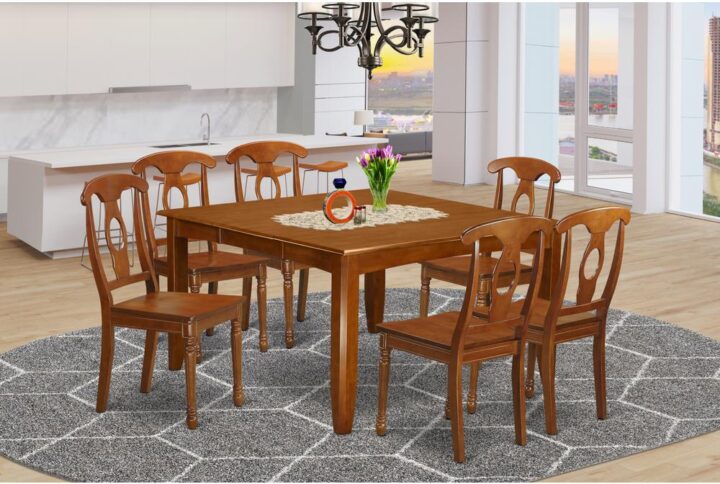 This dining room table set provides a traditional style that includes dining table and dinette chairs which are right in your house in either an operational kitchen area or sophisticated dining area. The Dark Saddle Brown color is going to enhance almost any home decor and still provide a supporting element to your kitchen space or even an useful immersion of design cohesion. The dining room tableand dining chairs have a relatively easy and modern finish with beveled aspects and Complementing Saddle Brown color. The slick dining room chairs have an attractive and secure feel which is vital for extended periods of seated interactions at this dining table. The dining table is simply placed on 4 reliable corner posts to obtain ample leg room and seating space.