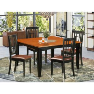 This versatile table and chairs set can be utilized in the dining space or small space. It is made totally from solid Asian hardwood featuring polished cherry-colored table tops with beveled edges and attractive Black frames and legs. The set provides a main table and four high-back chairs