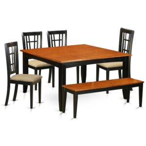 This versatile dinette set can be used in the dining room or kitchen. It is constructed entirely from solid Asian hardwood featuring polished cherry-colored table tops with beveled edges and stylish Black frames and legs. The set comes with a main table and four high-back chairs plus a bench