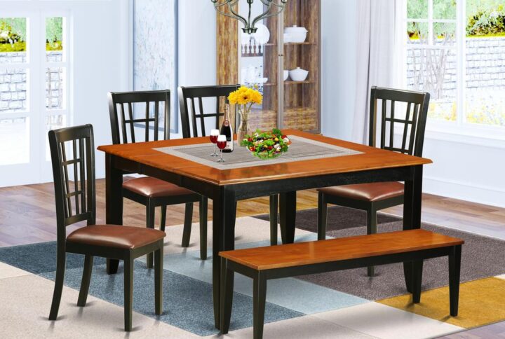 This versatile table and chairs set can be utilized in the dining-room or kitchen. It is produced totally from solid Asian hardwood featuring polished cherry-colored table tops with beveled edges and eye-catching Black frames and legs. The set consists of a main table and four high-back chairs along with a bench