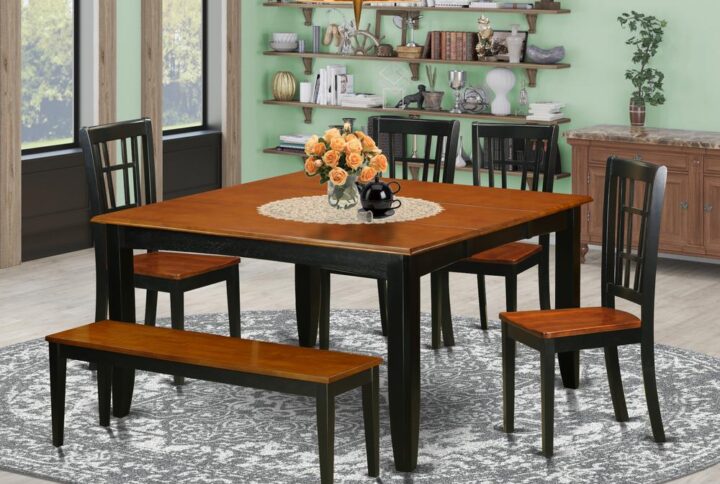 This type of modern piece of dining Set includes eight Dining chair and a table. The back design of the chairs added a sleek touch of attractiveness to the set. The chairs’ front legs are straight while the back legs are slightly curved to give it a proper balance and a classical design. This set of dining table is produced out of 100% Asian Hardwood.
