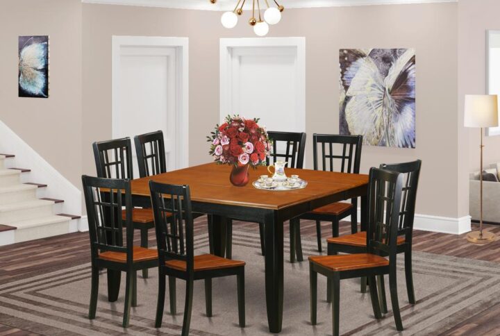 This modern piece of dining Set consists of eight chairs and a dining table. The back design of the chairs added a smooth touch of elegance to the set. The chairs’ front legs are straight while the back legs are slightly curved to give it proper balance and a classical design. This set of dining room table is made out of 100% Asian Hardwood.