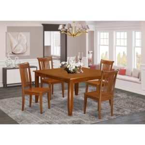This dining room set offers an old-fashioned look having kitchen table and dining room chairs that are right at your home either in a working cooking area or sophisticated dining-room. The Dark Saddle Brown tone will certainly compliment any kind of furnishings and offer a supporting element towards the space or maybe an successful immersion of design and style cohesion. The kitchen dinette table and dinette chairs have got a smooth and gentle finish with beveled aspects and suiting Saddle Brown color. The slick dinette chairs come with a pleasant and comfy sense that is vital for extended periods of seated interactions at this valuable table. The table is simply placed on 4 strong corner posts to get adequate legroom along with seating space.