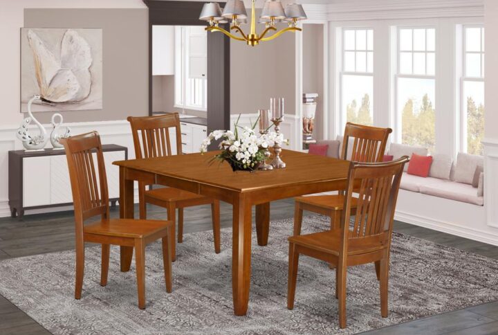 This dining room set offers an old-fashioned look having kitchen table and dining room chairs that are right at your home either in a working cooking area or sophisticated dining-room. The Dark Saddle Brown tone will certainly compliment any kind of furnishings and offer a supporting element towards the space or maybe an successful immersion of design and style cohesion. The kitchen dinette table and dinette chairs have got a smooth and gentle finish with beveled aspects and suiting Saddle Brown color. The slick dinette chairs come with a pleasant and comfy sense that is vital for extended periods of seated interactions at this valuable table. The table is simply placed on 4 strong corner posts to get adequate legroom along with seating space.