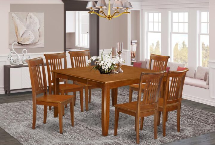 This dining room set offers a time-honored appearance having table and dining chairs which you'll find right in your house in both a working kitchen area or specialised dining-room. The Dark Saddle Brown color are going to supplement pretty much any furnishing and give a contrasting element to the dining-room or perhaps an effective concentration of design and development cohesion. The dining table and kitchen chairs have a simple and seamless finish with beveled aspects and suiting Saddle Brown color. The slick kitchen dining chairs come with a pleasant and comfortable experience that is vital for extended periods of seated interactions at this specific kitchen dinette table. The table is mounted on 4 strong corner legs for enough legroom and individual seating space.