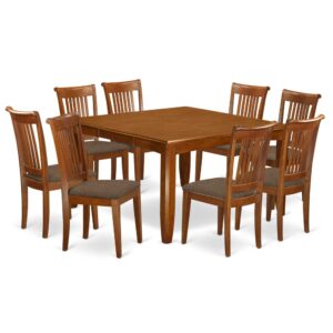 This dining room set offers a conservative style that includes kitchen table and dining chairs which are right in the house either in a working kitchen or specialised dining-room. The Dark Saddle Brown tone would certainly match any kind of furnishings and still provide a subsidiary factor towards the dining room or an effective captivation of style and design cohesion. The dining table and dining room chairs possess a simple and effortless finish with beveled edges and matching Saddle Brown color. The slick dining chairs have a nice pleasing and cozy experience that is essential for long periods of seated interactions at this valuable table. The kitchen table is connected to 4 sturdy corner posts to have sufficient legroom and individual seating room.