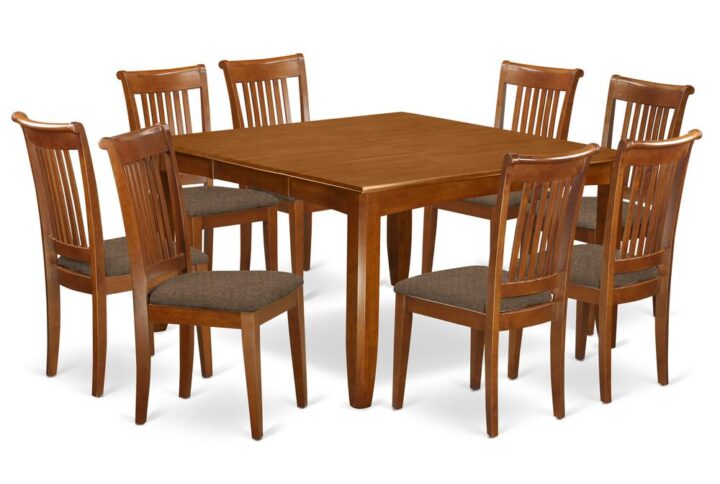 This dining room set offers a conservative style that includes kitchen table and dining chairs which are right in the house either in a working kitchen or specialised dining-room. The Dark Saddle Brown tone would certainly match any kind of furnishings and still provide a subsidiary factor towards the dining room or an effective captivation of style and design cohesion. The dining table and dining room chairs possess a simple and effortless finish with beveled edges and matching Saddle Brown color. The slick dining chairs have a nice pleasing and cozy experience that is essential for long periods of seated interactions at this valuable table. The kitchen table is connected to 4 sturdy corner posts to have sufficient legroom and individual seating room.