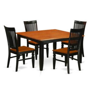 This particular dinette sets for small spaces has 5 pieces including a table and 4 dining chairs with wooden seats. This dining set includes a beautiful Black & Cherry finished Asian hardwood