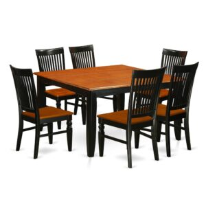 This particular dinette sets for small spaces has 7 pieces including a table and 6 dining chairs with wooden seats. This dining set includes a beautiful Black & Cherry finished Asian hardwood
