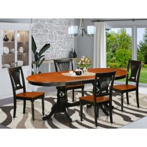 The Plainville table and chairs set boasts a wonderful finish that has a countryside laid back impression. Blending the simple care of a simple wood dining table top with classic fashioned legs for that original appearance. The smooth oval dining table top