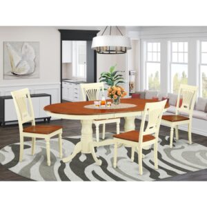 The Plainville table set features a breathtaking finish which has a countryside laid-back impression. Joining together the simple care of a simple hardwood dining room table top with timeless styled legs for that personalised look. The streamlined oval dining table top