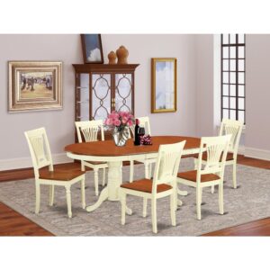 The Plainville table set has an appealing finish possessing a countryside casual feel. Blending the straightforward care of an effortless wood dinette table top with traditional fashioned legs for a distinctive appearance. The sleek oval kitchen table top