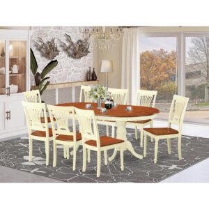 The Plainville table set has a breathtaking finish with a country easygoing ambiance. Combined the easy care of an effortless wood kitchen table top with timeless fashioned legs for an unique look. The clean oval dining table top