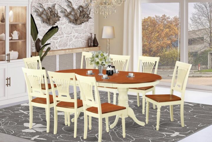 The Plainville table set has a breathtaking finish with a country easygoing ambiance. Combined the easy care of an effortless wood kitchen table top with timeless fashioned legs for an unique look. The clean oval dining table top