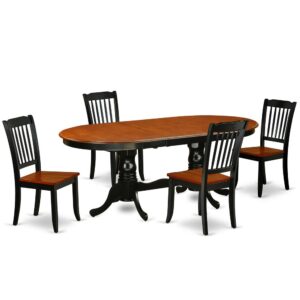 The beautiful PLDA5-BCH-W kitchen set features an amazing finish which has a country peaceful experience. The table with built-in self-storage butterfly leaf which fits 4 to 8 persons. Dazzling hardwood table top with well-built carved pedestal support. Beveled oval shape to make welcoming kitchen space ambiance and finished in rich Black and Cherry