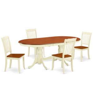 Treat your room's decor with a new and polished look with this modern PLDA5-BMK-W dining set. The small kitchen table with built-in self-storage butterfly leaf which fits 4 to 8 persons. Dazzling solid wood table top with well-built carved pedestal support. Beveled oval shape to make welcoming kitchen space ambiance and finished in rich Buttermilk and Cherry