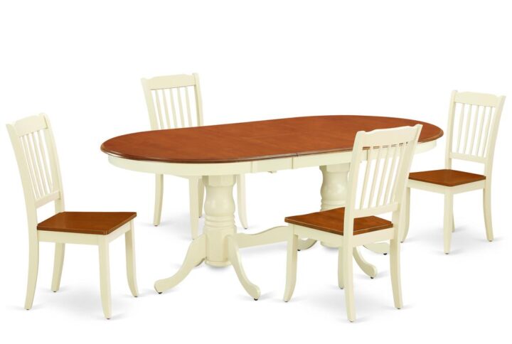 Treat your room's decor with a new and polished look with this modern PLDA5-BMK-W dining set. The small kitchen table with built-in self-storage butterfly leaf which fits 4 to 8 persons. Dazzling solid wood table top with well-built carved pedestal support. Beveled oval shape to make welcoming kitchen space ambiance and finished in rich Buttermilk and Cherry