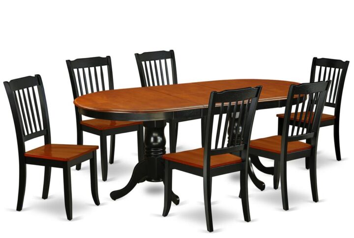 The beautiful PLDA7-BCH-W kitchen set features an amazing finish which has a country peaceful experience. The table with built-in self-storage butterfly leaf which fits 4 to 8 persons. Dazzling hardwood table top with well-built carved pedestal support. Beveled oval shape to make welcoming kitchen space ambiance and finished in rich Black and Cherry