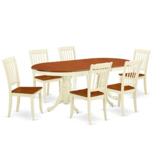 Treat your room's decor with a new and polished look with this modern PLDA7-BMK-W dining set. The small kitchen table with built-in self-storage butterfly leaf which fits 4 to 8 persons. Dazzling solid wood table top with well-built carved pedestal support. Beveled oval shape to make welcoming kitchen space ambiance and finished in rich Buttermilk and Cherry