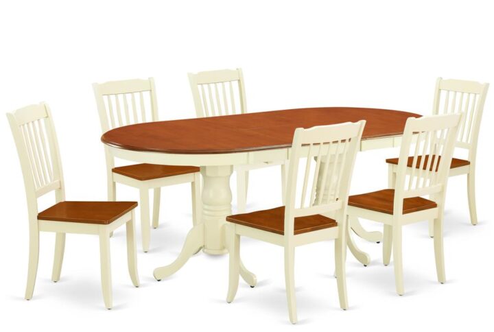 Treat your room's decor with a new and polished look with this modern PLDA7-BMK-W dining set. The small kitchen table with built-in self-storage butterfly leaf which fits 4 to 8 persons. Dazzling solid wood table top with well-built carved pedestal support. Beveled oval shape to make welcoming kitchen space ambiance and finished in rich Buttermilk and Cherry