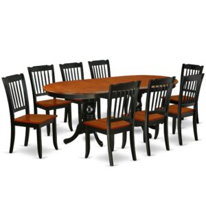 The beautiful PLDA9-BCH-W kitchen set features an amazing finish which has a country peaceful experience. The table with built-in self-storage butterfly leaf which fits 4 to 8 persons. Dazzling hardwood table top with well-built carved pedestal support. Beveled oval shape to make welcoming kitchen space ambiance and finished in rich Black and Cherry