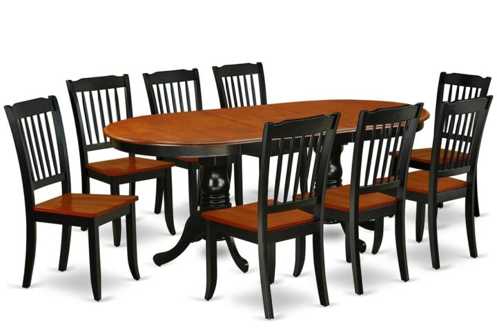 The beautiful PLDA9-BCH-W kitchen set features an amazing finish which has a country peaceful experience. The table with built-in self-storage butterfly leaf which fits 4 to 8 persons. Dazzling hardwood table top with well-built carved pedestal support. Beveled oval shape to make welcoming kitchen space ambiance and finished in rich Black and Cherry