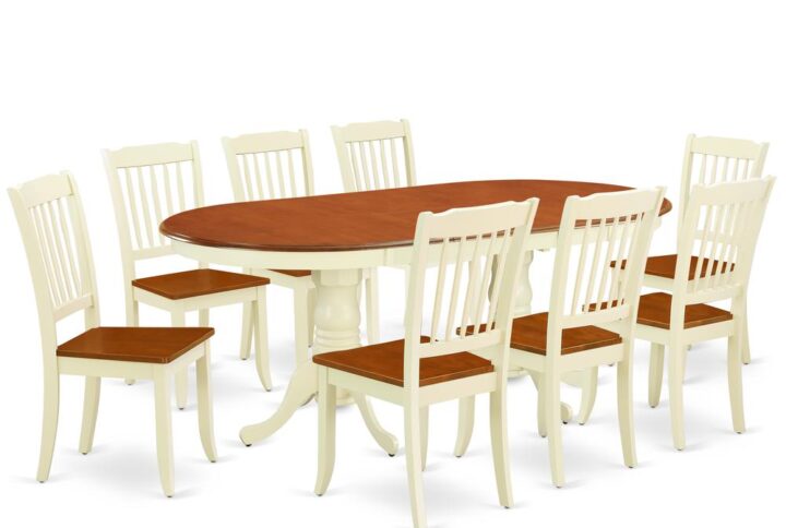 Treat your room's decor with a new and polished look with this modern PLDA9-BMK-W dining set. The small kitchen table with built-in self-storage butterfly leaf which fits 4 to 8 persons. Dazzling solid wood table top with well-built carved pedestal support. Beveled oval shape to make welcoming kitchen space ambiance and finished in rich Buttermilk and Cherry