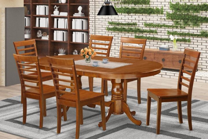This Plainville dining room set has a breathtaking finish with a countryside easygoing impression. Merging the straightforward care of a smooth hardwood table top with timeless styled legs for that personal look. The slick oval small kitchen table top
