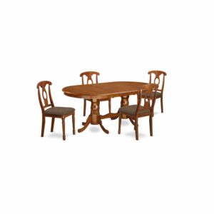 This Plainville dinette table set features a lovely finish possessing a country laid-back ambiance. Combining the simple care of a smooth hardwood table top with traditional fashioned legs for an original appearance. The streamlined oval table top