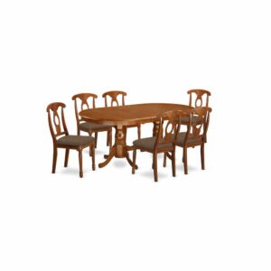This Plainville dining room set boasts a breathtaking finish that has a countryside easygoing feel. Combining the simple care of an effortless wood table top with timeless fashioned legs for an original appearance. The clean oval table top