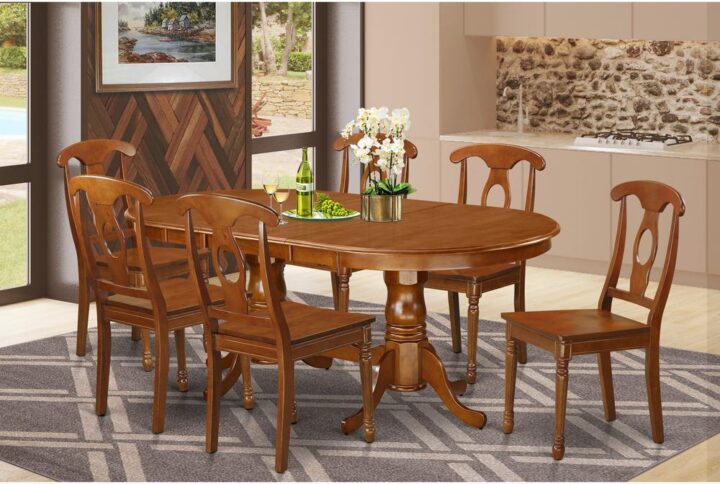 This Plainville dining room table set has an enchanting finish which has a countryside laid back feel. Merging the simple care of an effortless hardwood dining table top with vintage fashioned legs for the distinctive appearance. The smooth oval dinette table top