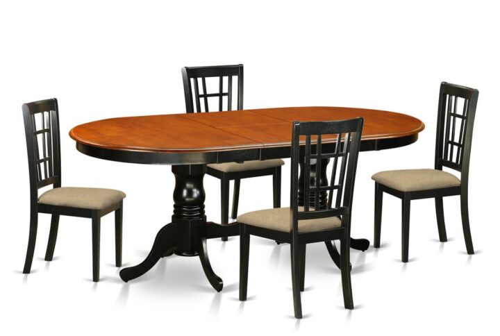 This dining room table set includes double pedestal table and four chairs with maximum seating capacity up to ten people. This is oval table of 18 inch self-storage leaf with beautiful pedestal with four strong legs that provides ideal support. Perfect dining room table set to decor your dining room or kitchen with its marvelous look. Our products are made out of all rubber wood. One of solid wood widely called Asian Hardwood. There is no MDF (Medium-density fiberboard)