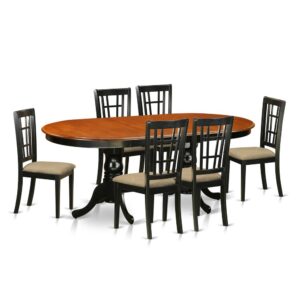 This excellent kitchen table set includes double pedestal table along with six chairs with maximum seating capacity up to ten people. This is oval table of 18 inch self-storage leaf with beautiful pedestal with four strong feet that provides ideal support. Perfect kitchen table set to decor your dining-room or small space with its splendid look. Our products are crafted from all rubber wood. One of solid wood widely called Asian Hardwood. There is no MDF (Medium-density fiberboard)