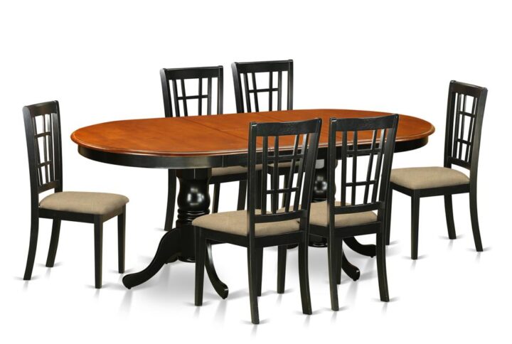 This excellent kitchen table set includes double pedestal table along with six chairs with maximum seating capacity up to ten people. This is oval table of 18 inch self-storage leaf with beautiful pedestal with four strong feet that provides ideal support. Perfect kitchen table set to decor your dining-room or small space with its splendid look. Our products are crafted from all rubber wood. One of solid wood widely called Asian Hardwood. There is no MDF (Medium-density fiberboard)