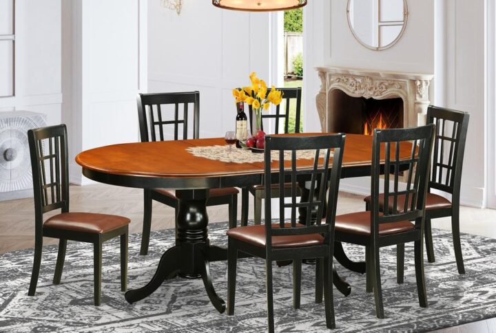 This unique dinette set includes double pedestal table in addition to six chairs with maximum seating capacity up to ten people. This is oval table of 18 inch self-storage leaf with beautiful pedestal with four strong feet that provides ideal support. Perfect dinette set to decor your dining space or kitchen area with its incredible look. Our products are created from all rubber wood. One of solid wood widely called Asian Hardwood. There is no MDF (Medium-density fiberboard)