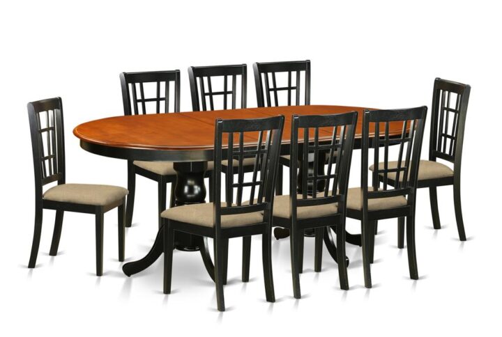This particular dinette table set includes double pedestal table plus eight chairs with maximum seating capacity up to ten people. This is oval table of 18 inch self-storage leaf with beautiful pedestal with four strong feet that provides ideal support. Perfect dinette table set to decor your dining area or small space with its fantastic look. Our products are constructed from all rubber wood. One of solid wood widely called Asian Hardwood. There is no MDF (Medium-density fiberboard)