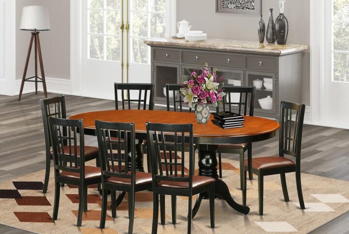This kind of table and chairs set includes double pedestal table together with eight chairs with maximum seating capacity up to ten people. This is oval table of 18 inch self-storage leaf with beautiful pedestal with four strong feet that provides ideal support. Perfect table and chairs set to decor your dining area or kitchen with its tremendous look. Our products are built from all rubber wood. One of solid wood widely called Asian Hardwood. There is no MDF (Medium-density fiberboard)