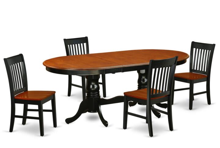The beautiful PLNO5-BCH-W kitchen set features an amazing finish which has a country peaceful experience. The table with built-in self-storage butterfly leaf which fits 4 to 8 persons. Dazzling hardwood table top with well-built carved pedestal support. Beveled oval shape to make welcoming kitchen space ambiance and finished in rich Black and Cherry