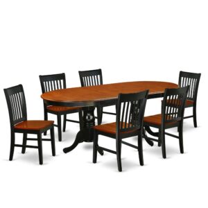 The beautiful PLNO7-BCH-W kitchen set features an amazing finish which has a country peaceful experience. The table with built-in self-storage butterfly leaf which fits 4 to 8 persons. Dazzling hardwood table top with well-built carved pedestal support. Beveled oval shape to make welcoming kitchen space ambiance and finished in rich Black and Cherry