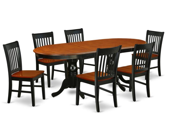 The beautiful PLNO7-BCH-W kitchen set features an amazing finish which has a country peaceful experience. The table with built-in self-storage butterfly leaf which fits 4 to 8 persons. Dazzling hardwood table top with well-built carved pedestal support. Beveled oval shape to make welcoming kitchen space ambiance and finished in rich Black and Cherry