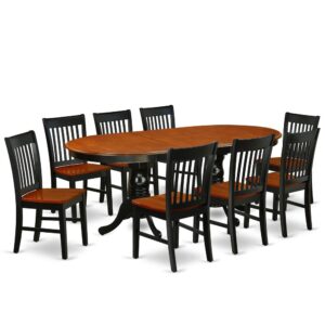 The beautiful PLNO9-BCH-W kitchen set features an amazing finish which has a country peaceful experience. The table with built-in self-storage butterfly leaf which fits 4 to 8 persons. Dazzling hardwood table top with well-built carved pedestal support. Beveled oval shape to make welcoming kitchen space ambiance and finished in rich Black and Cherry