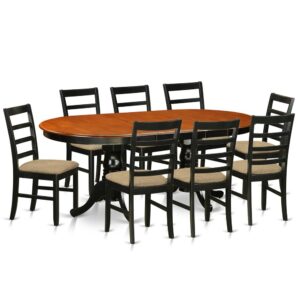 This excellent dinette set includes double pedestal table together with eight chairs with maximum seating capacity up to ten people. This is oval table of 18 inch self-storage leaf with beautiful pedestal with four strong feet that provides ideal support. Perfect dinette set to decor your dining area or kitchen area with its fantastic look. Our products are constructed with all rubber wood. One of solid wood widely called Asian Hardwood. There is no MDF (Medium-density fiberboard)