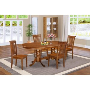 This Plainville dining room table set possesses a fabulous finish that has a countryside laid-back impression. Merging the easy care of a smooth solid wood dining room table top with classic fashioned legs for the distinctive look. The sleek oval small kitchen table top