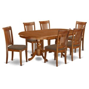 This Plainville dining room table set features a beautiful finish which has a countryside easygoing impression. Joining together the simple care of an effortless wood dining table top with classic designed legs for the completely unique look. The clean oval small kitchen table top