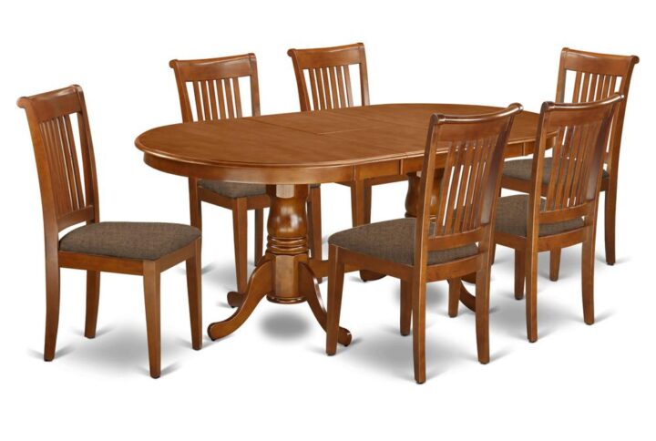 This Plainville dining room table set features a beautiful finish which has a countryside easygoing impression. Joining together the simple care of an effortless wood dining table top with classic designed legs for the completely unique look. The clean oval small kitchen table top